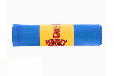 A rolled blue plastic bag package labeled "Royal Markets - Heavy Duty Rubble Sack - 5 Pack" with a yellow wrapper.