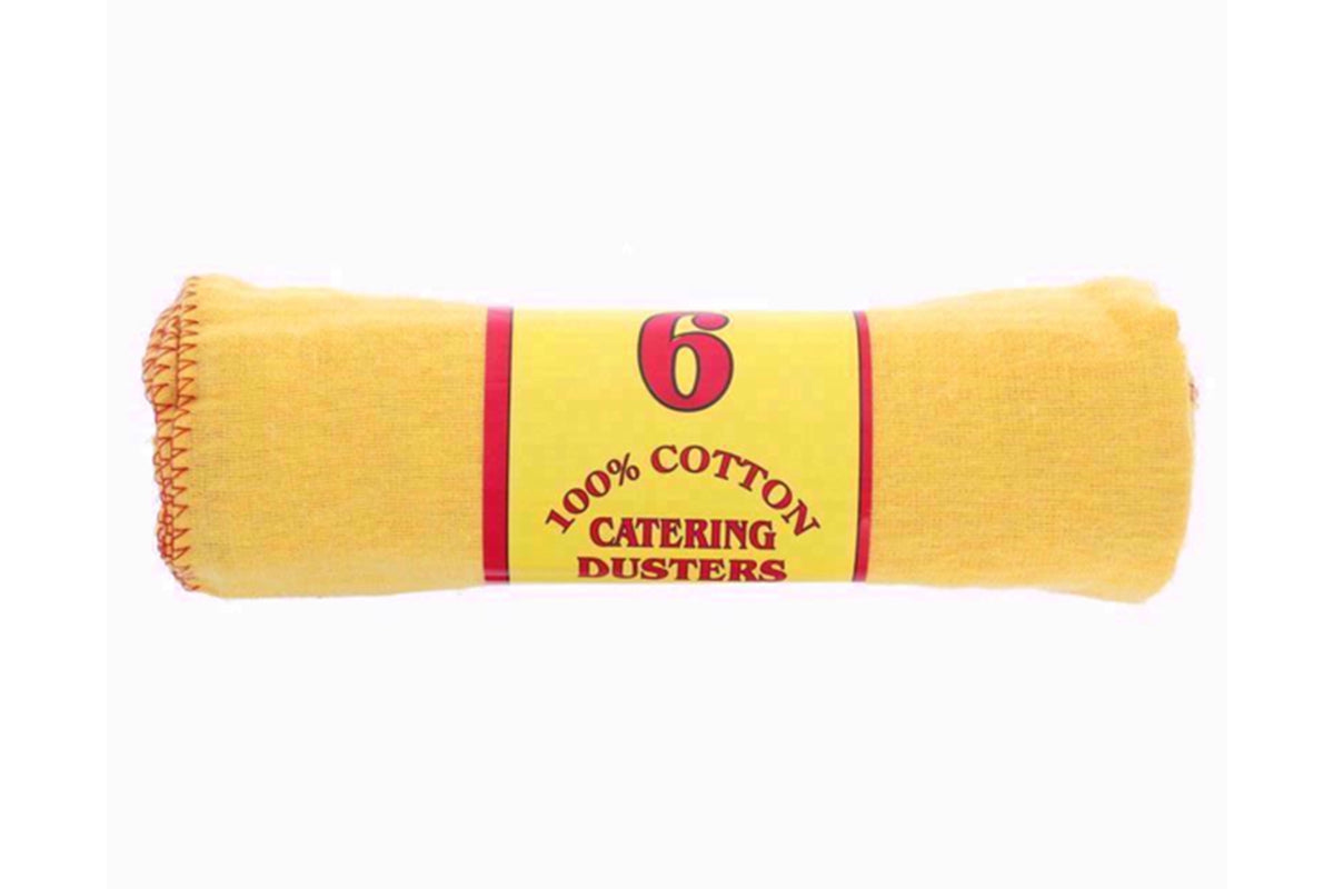 A rolled bundle of Royal Markets - Catering Dusters - 6Pcs, yellow, 100% cotton, food-safe and ideal for commercial cleaning, with label stating “6, 100% cotton, catering dusters.”.
