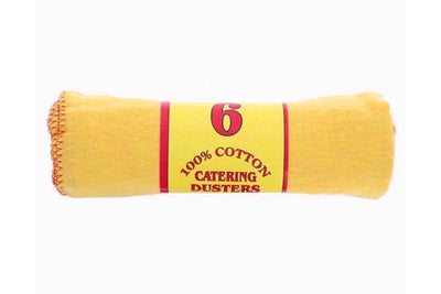 A rolled bundle of Royal Markets - Catering Dusters - 6Pcs, yellow, 100% cotton, food-safe and ideal for commercial cleaning, with label stating “6, 100% cotton, catering dusters.”.