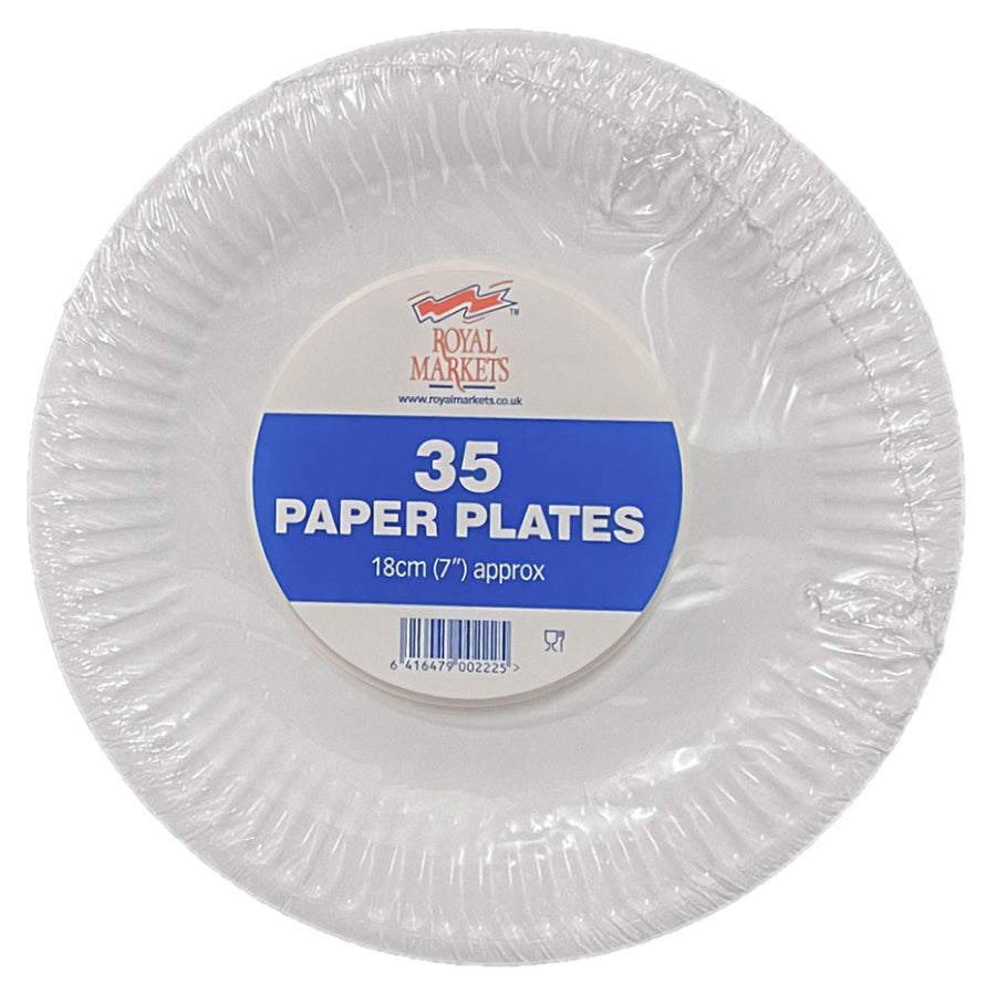 Royal Markets - 7" Disposable Paper Plates, 35 pack: white paper plates, 18 cm (7"), wrapped in plastic with a blue and white label.
