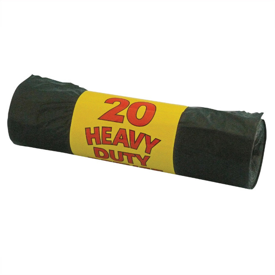 A pack of Royal Markets Heavy Duty Refuse Sacks (Bin Liners), 20 count, with a black roll and a yellow label showing "20 HEAVY DUTY" in red.