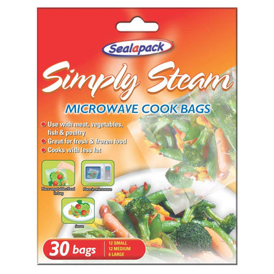 Sealapack Simply Steam Microwave Cook Bags 30 Pack packaging features vegetables, highlights product benefits, and displays 30 bags in small, medium, and large sizes.