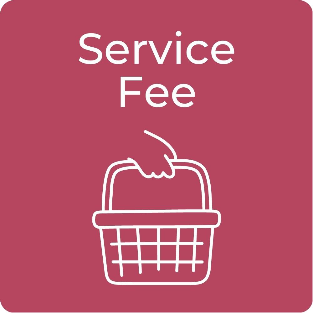 Red square featuring the words "Service Fee" and a graphic of a hand holding a shopping basket.