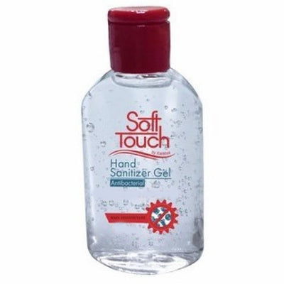 A 100ml clear plastic bottle of Soft Touch Antibacterial Hand Sanitiser Gel with a red cap and antibacterial label on the front.