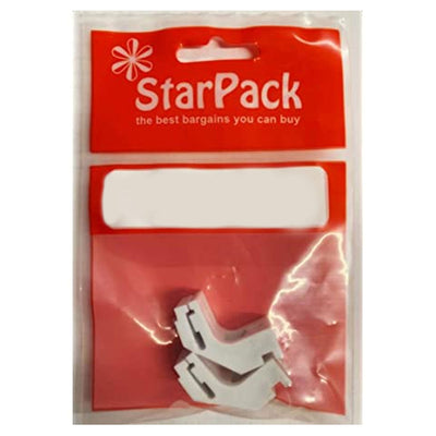 A red and clear plastic Star Pack bag contains two white plastic Star Pack Curtain Rail Brackets, displayed against a plain background.