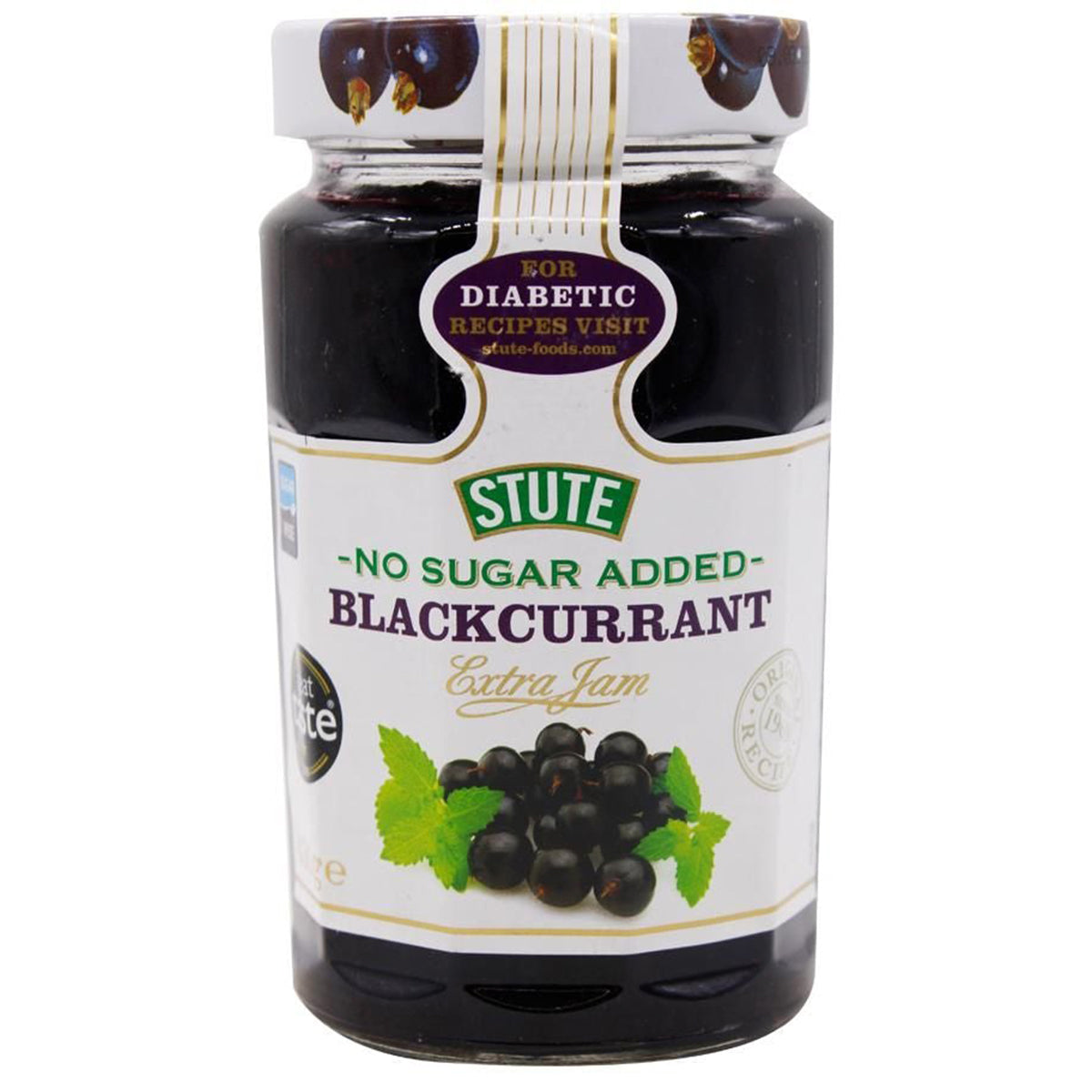 A jar of Stute - Diabetic Blackcurrant Extra Jam - 430g on a white background.