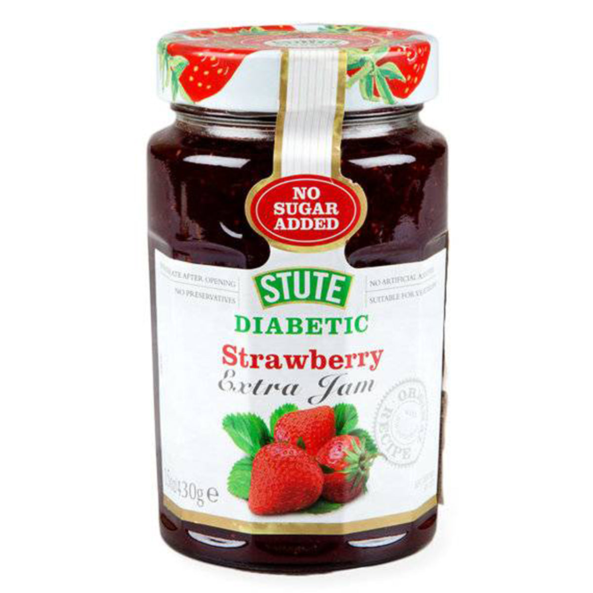 A jar of Stute - No Sugar Added Strawberry Extra Jam - 430g on a white background.