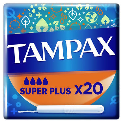 Tampax - Super Plus Tampons With Applicator, 20pcs. The blue and orange box features Tampax branding and decorative icons at the top.