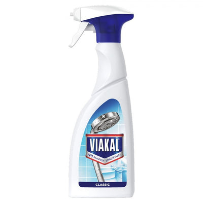 A 500ml Viakal Classic Limescale Remover Spray in a white bottle with blue label and cap, made to remove hard water stains, displays a showerhead image. Brand: Viakal.