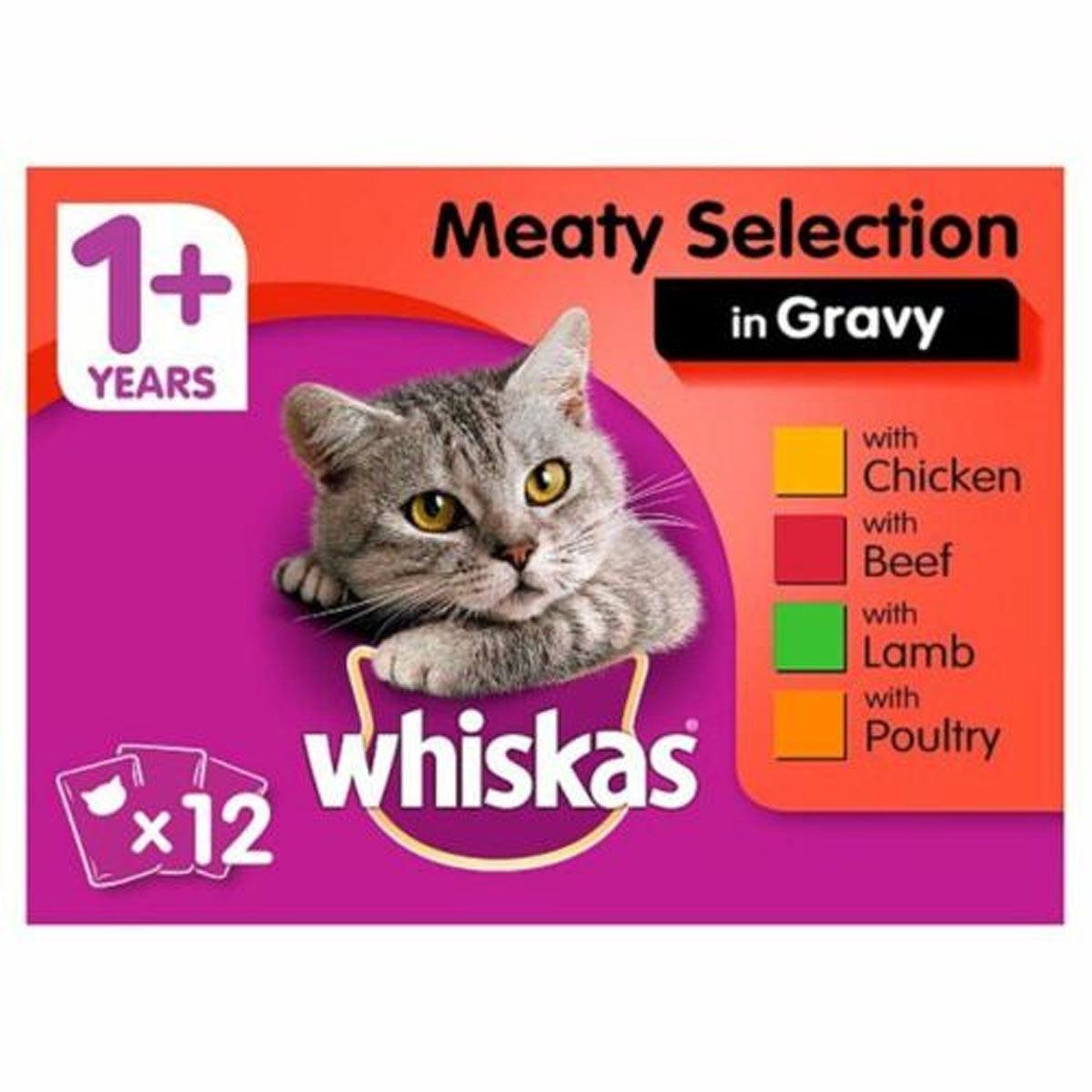 Whiskas - 1+ Cat Food Pouches Mixed Variety in Gravy - 12 x 100g - Continental Food Store