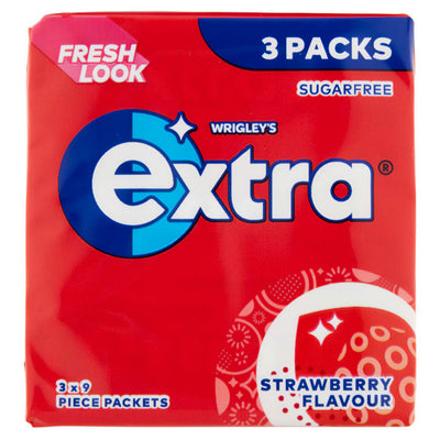 Wrigley's Extra Strawberry Chewing Gum, 3 pack—sugarfree gum from Wrigley's, each pack strawberry-flavored.