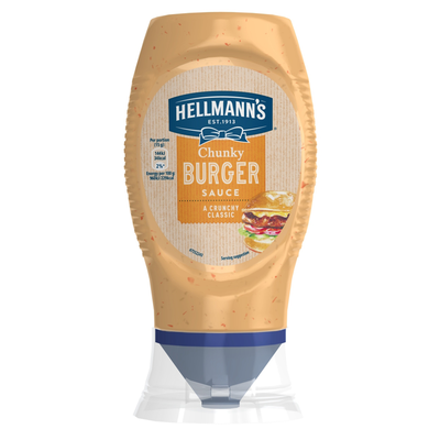 Hellmann's Chunky Burger Sauce (250ml) comes in an upside-down bottle with a dark blue cap and a blue label with a burger image, making it perfect for adding restaurant-quality flavor to homemade burgers.