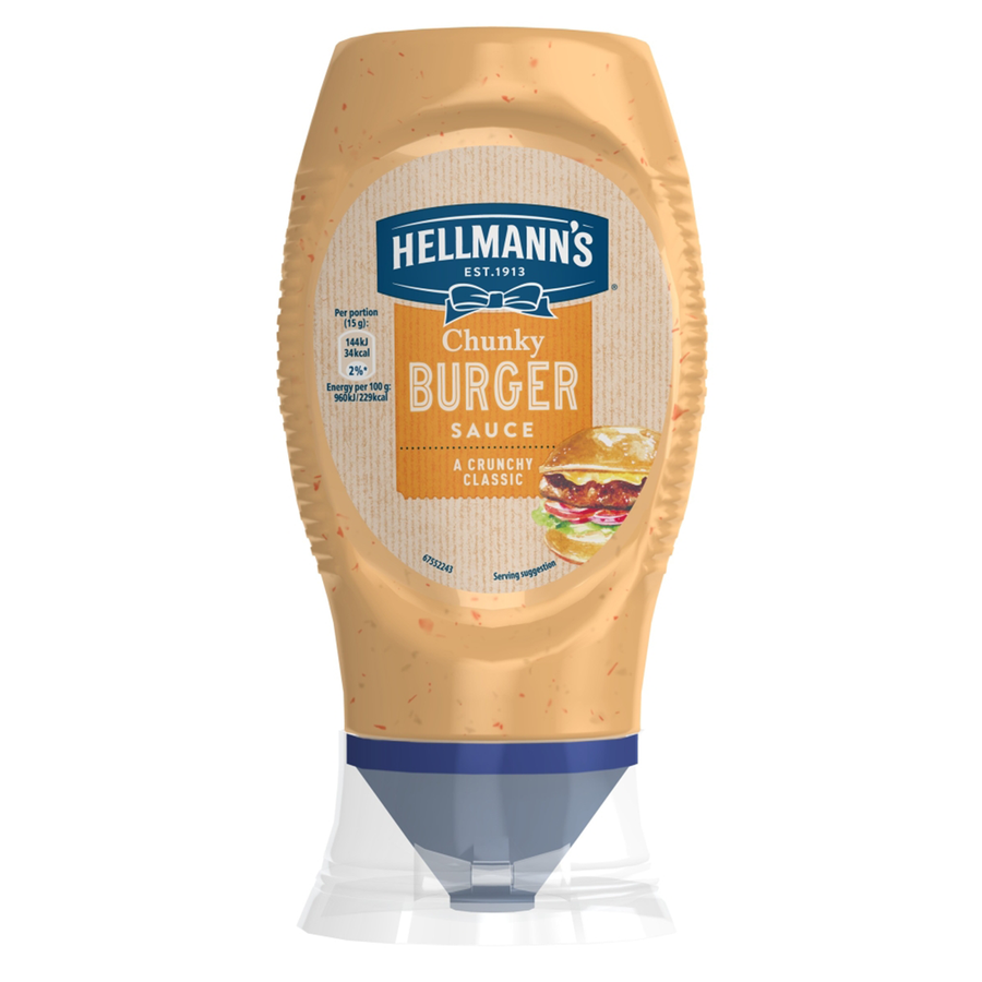 Hellmann's Chunky Burger Sauce (250ml) comes in an upside-down bottle with a dark blue cap and a blue label with a burger image, making it perfect for adding restaurant-quality flavor to homemade burgers.