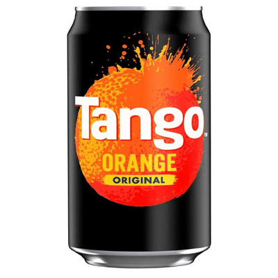 A 330ml can of Tango - Orange Original Fruit Juice features the Tango brand name on a black background with an orange splash graphic.