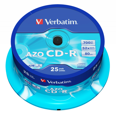 Verbatim AZO CD-R 700MB, pack of 25 discs, offers 52x speed and up to 80 minutes recording time.