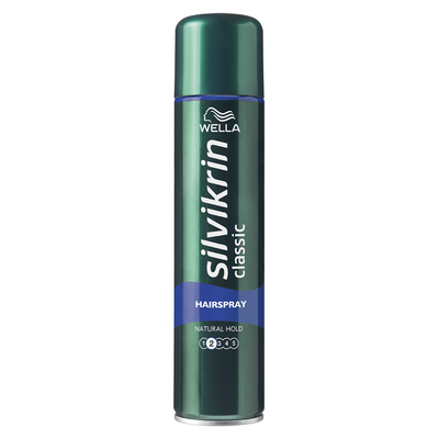 A 250ml can of Wella Silvikrin Natural Hold Hairspray stands upright against a white background.